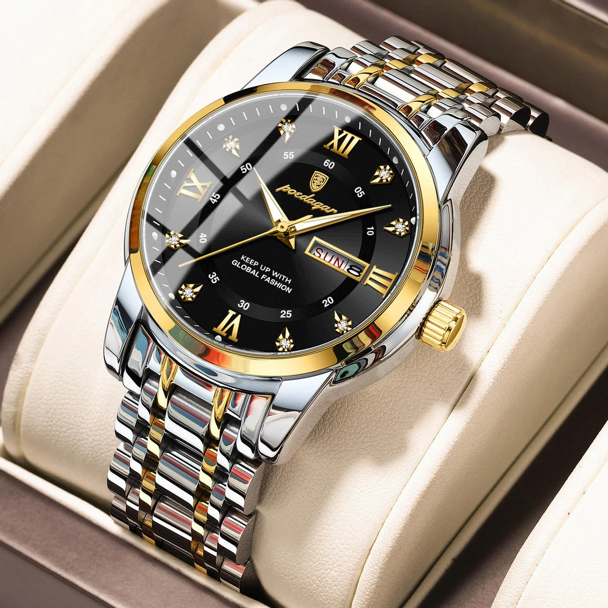 Men's Quartz Stainless Steel Sports Watches in Black and Silver from POEDAGAR, a High-End, Elegant Date-Week Waterproof Watch for Men